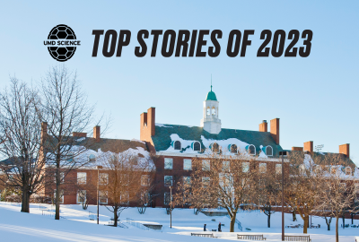 UMD Microbiology Building with "UMD Science Top Stories of 2023" text