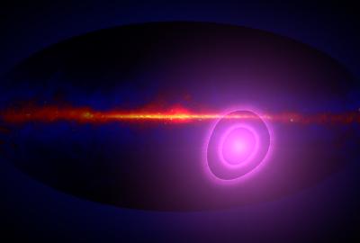 The entire sky in gamma rays with magenta circles illustrating the uncertainty in the direction from which more high-energy gamma rays than average seem to be arriving