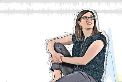 A brightly-colored illustration of Melissa Caras sitting on a soundwave.