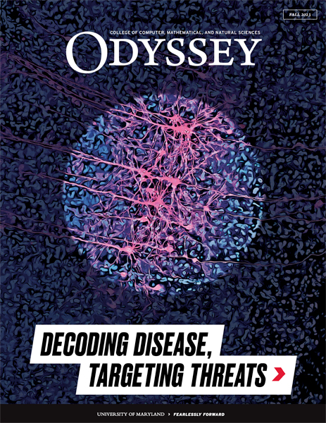 Cover of Odyssey Magazine, Fall 2023, showing an stylized microscopy image of neurons.