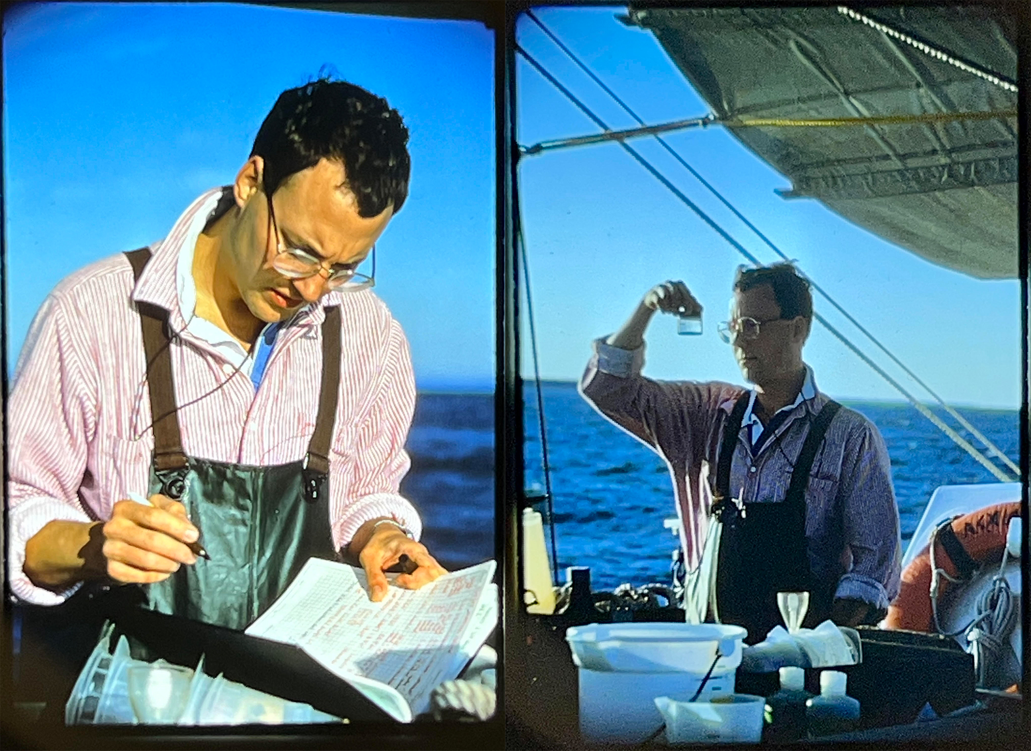 "Jacques White taking notes and collecting data on a research vessel"