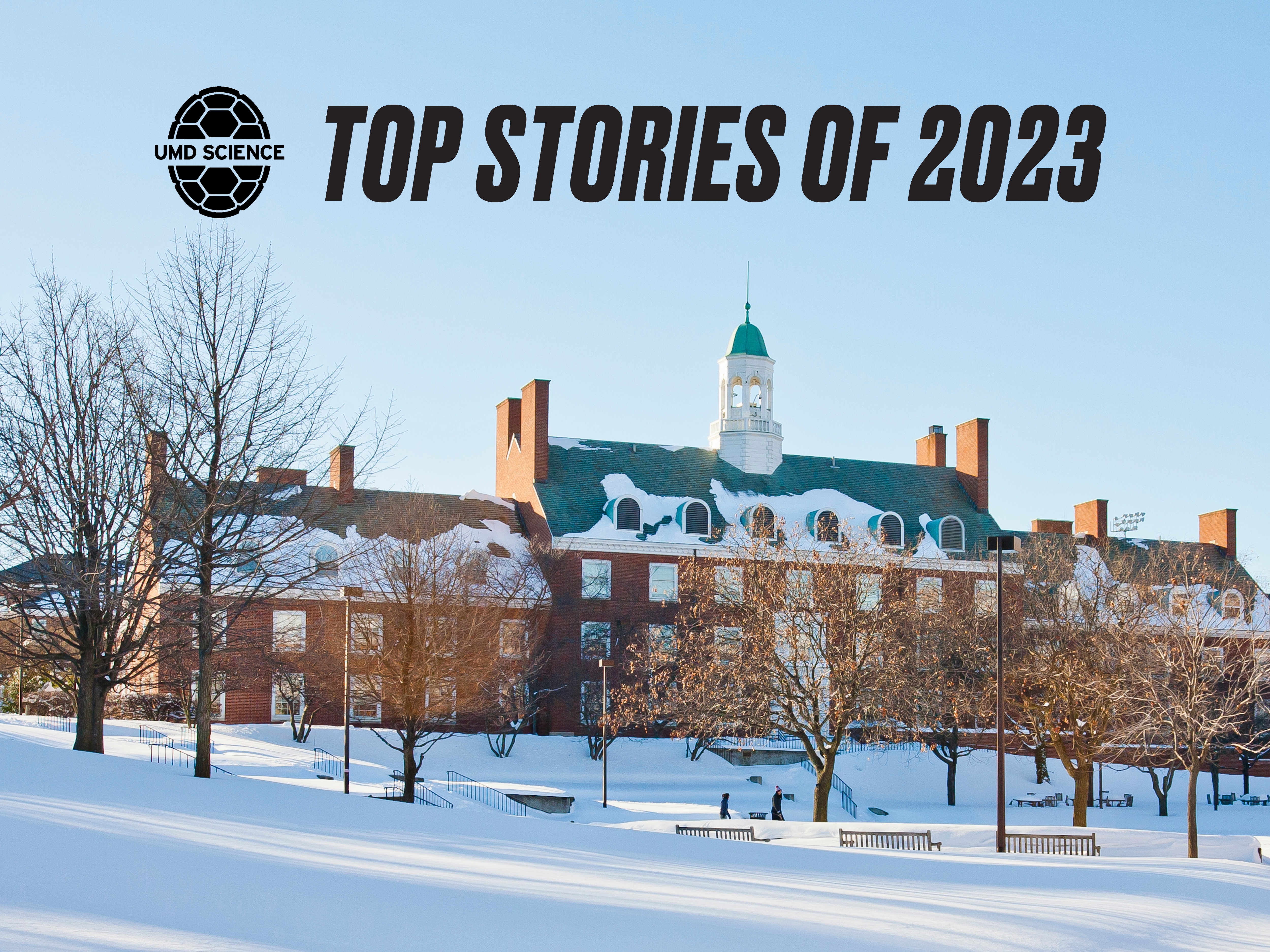 "Top Stories of 2023" over a background of the Microbiology Building on a snowy day