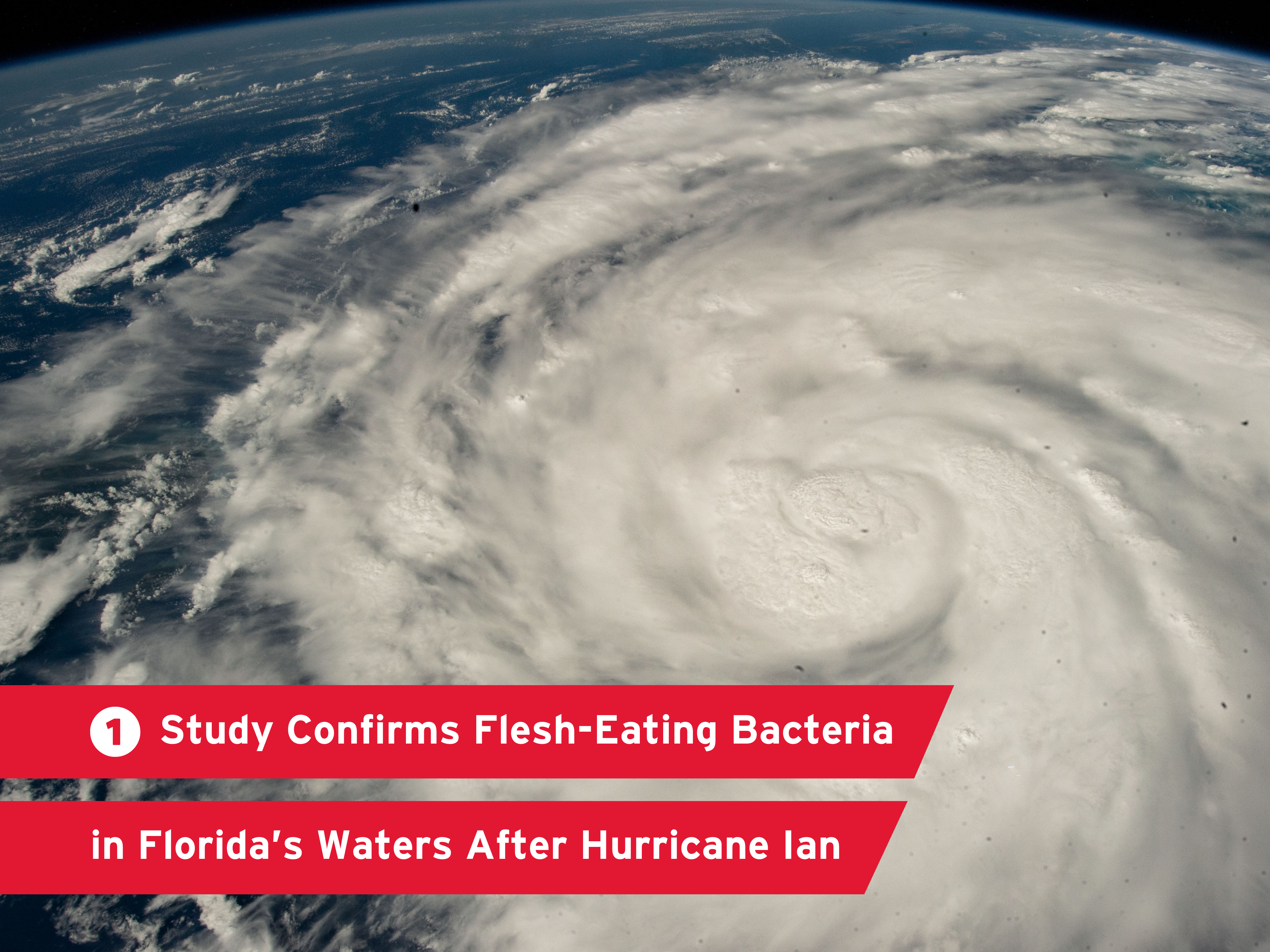 "New Study Confirms Presence of Flesh-Eating and Illness-Causing Bacteria in Florida’s Coastal Waters Following Hurricane Ian" over a background showing a hurricane view from space