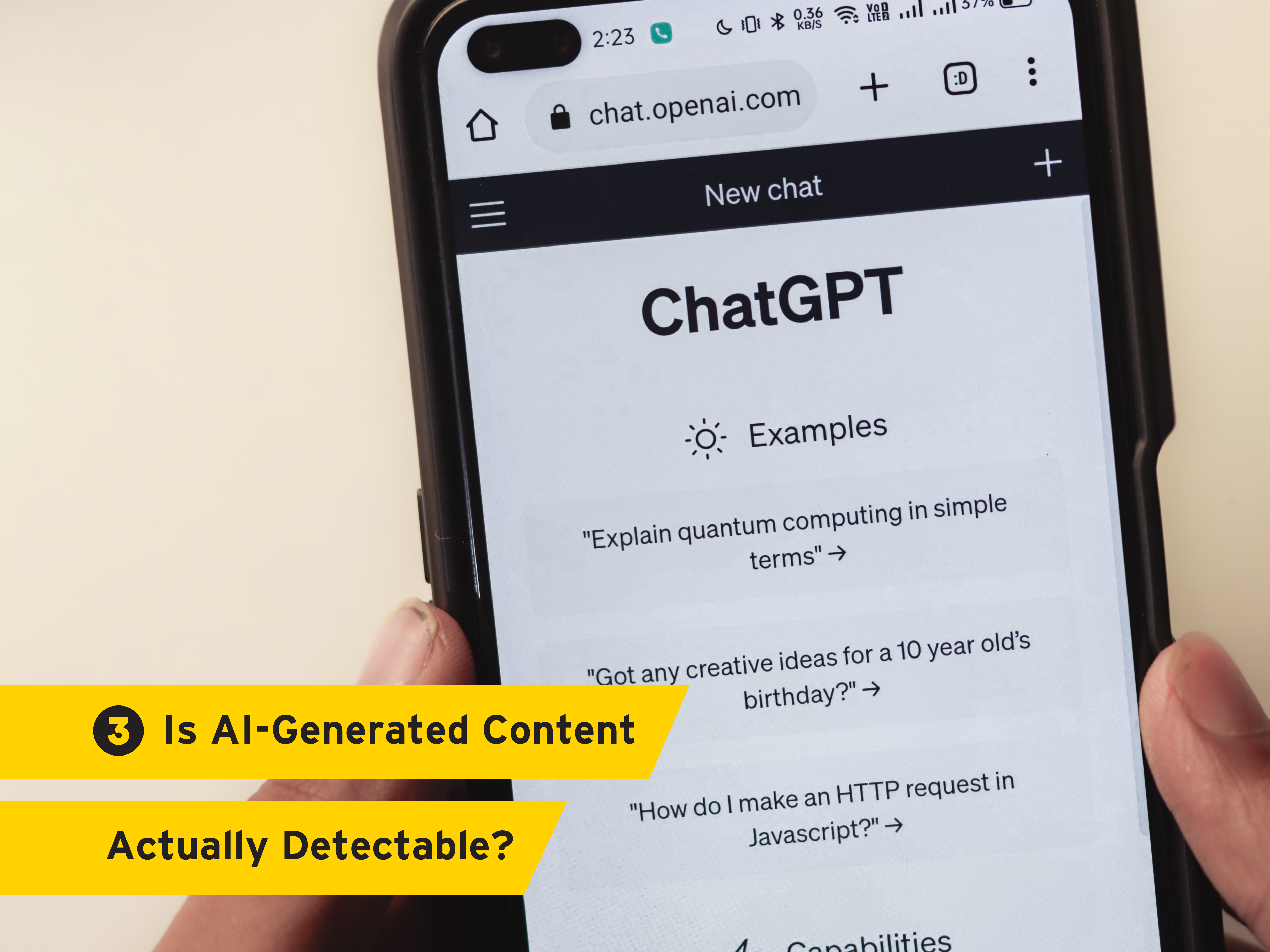 "Is AI-Generated Content Actually Detectable?" over a background showing a phone with ChatGPT on the screen