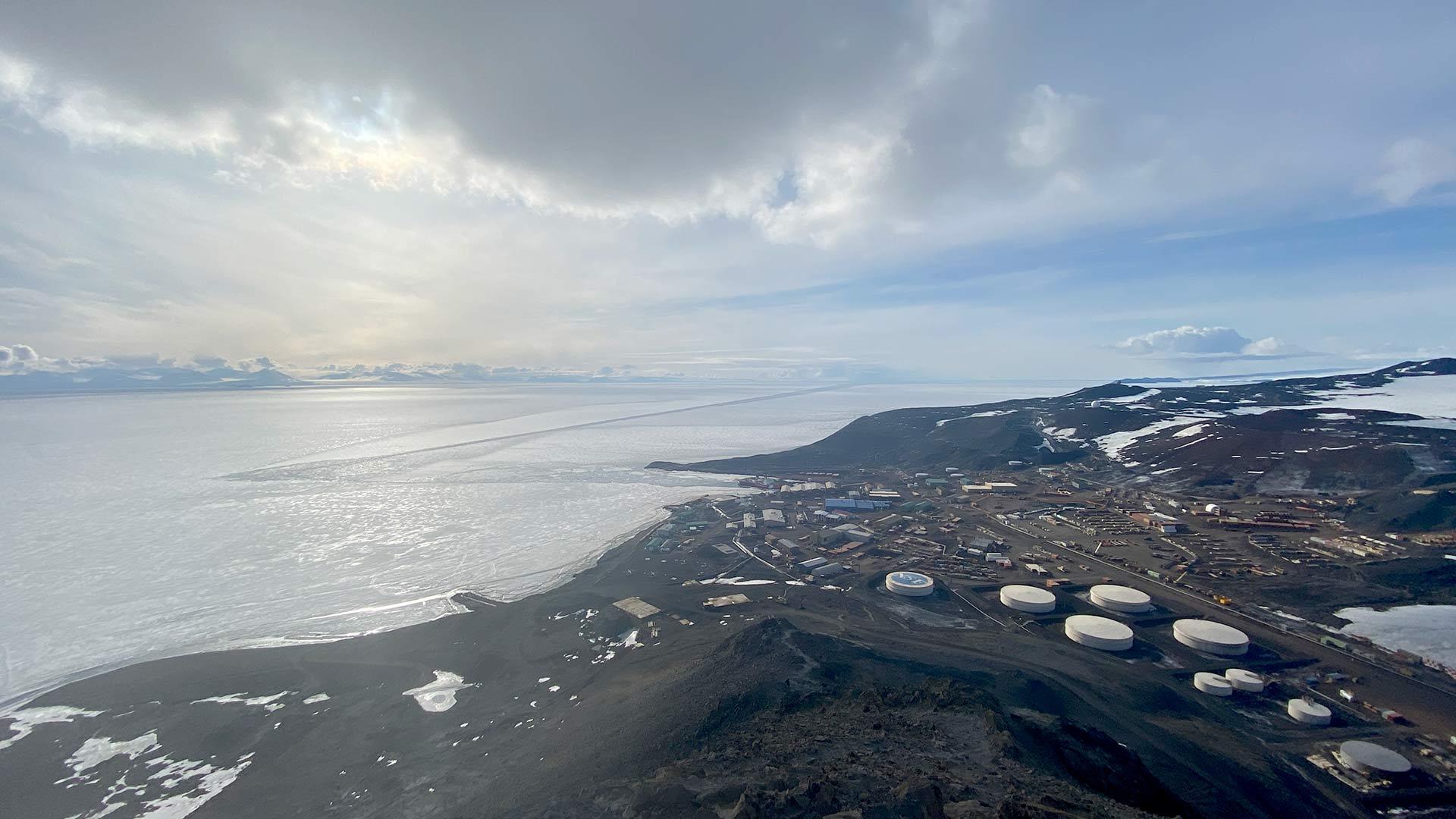 Aerial shot of McMurdo station, which is on the coast of the volcanic Ross Island.