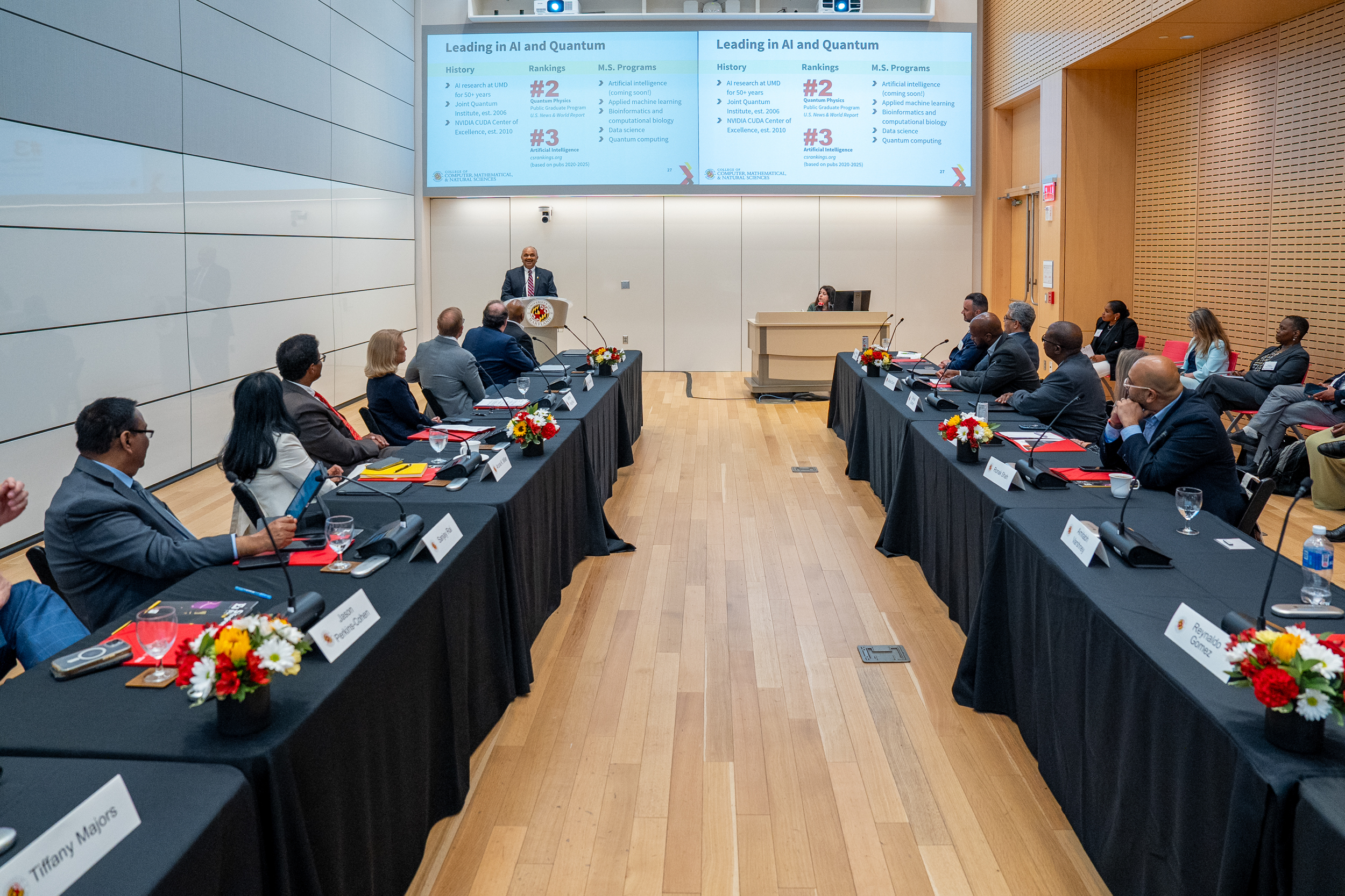 CMNS Dean Amitabh Varshney speaks to state, business and university leaders about artificial intelligence and quantum technology research and education at UMD.
