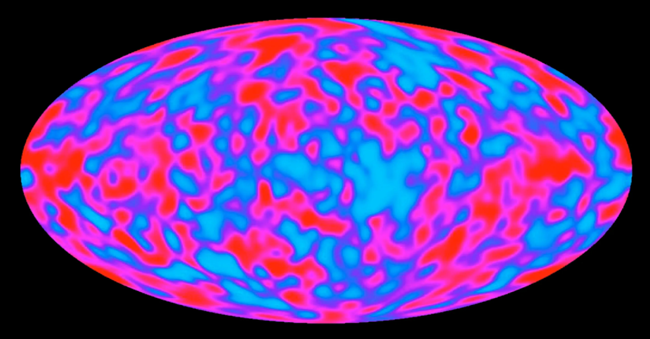 A map of the temperature fluctuations embedded in the cosmic microwave background radiation measured by COBE. 