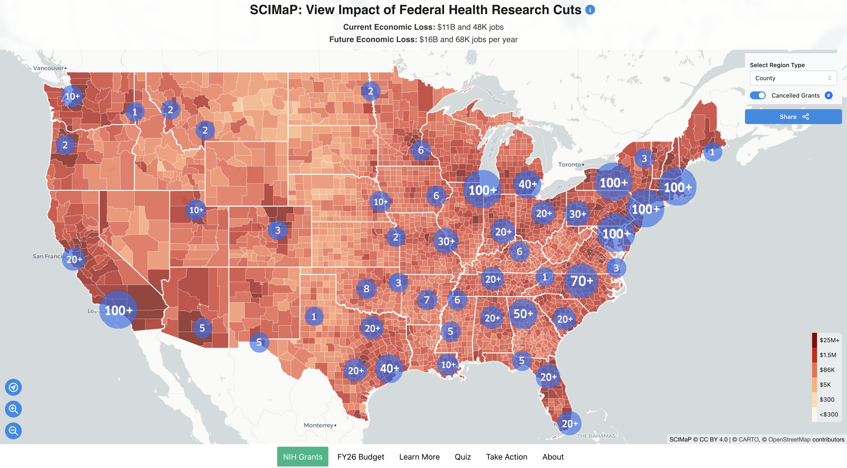 Map of ongoing impacts due to NIH terminated grants and projected losses via proposed research infrastructure cuts (captured from the SCIMaP.org website on 09-10-2025).