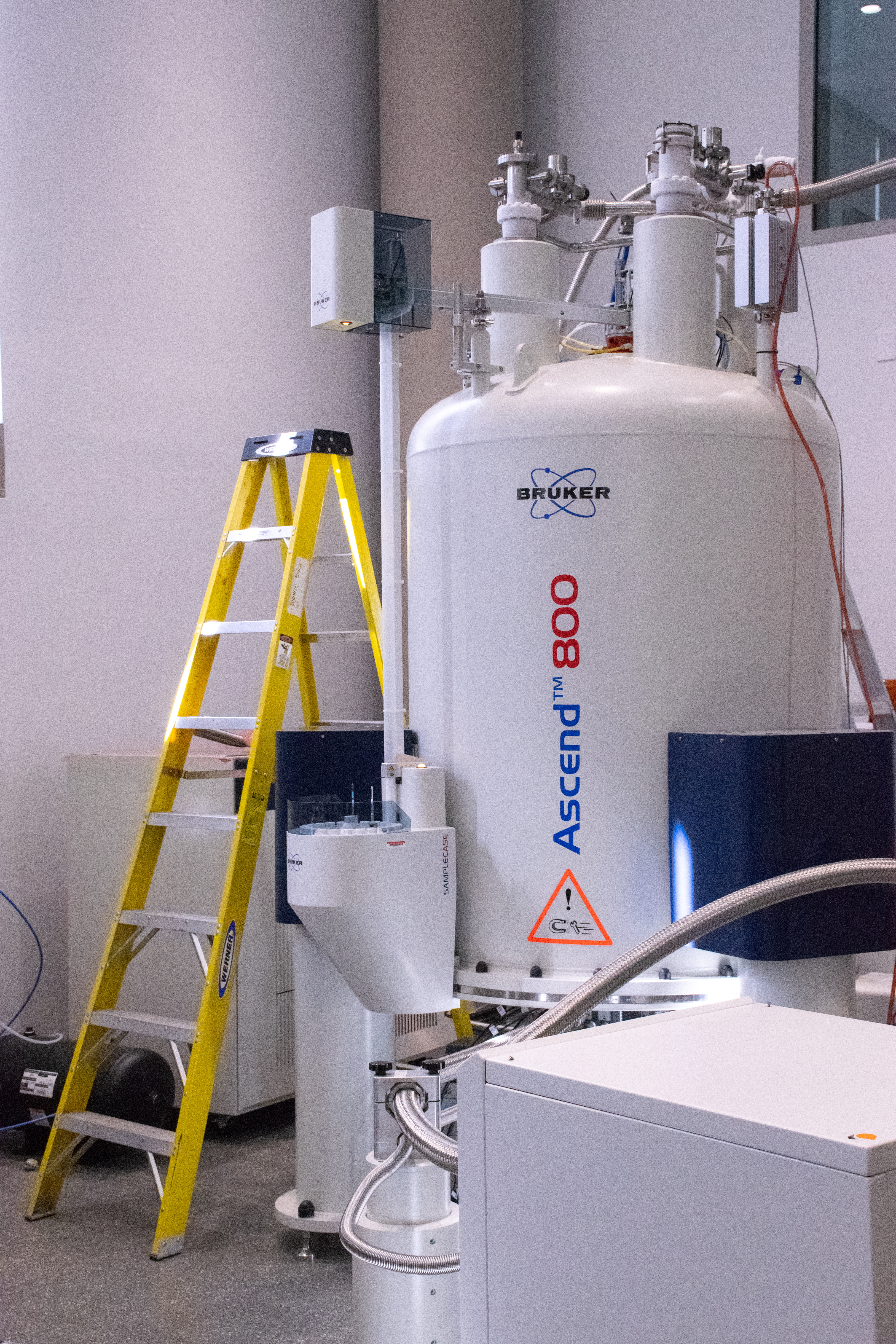 Large white Bruker Ascend 800 NMR magnet in a lab, with connected tubing and instruments; a yellow step ladder stands beside it.