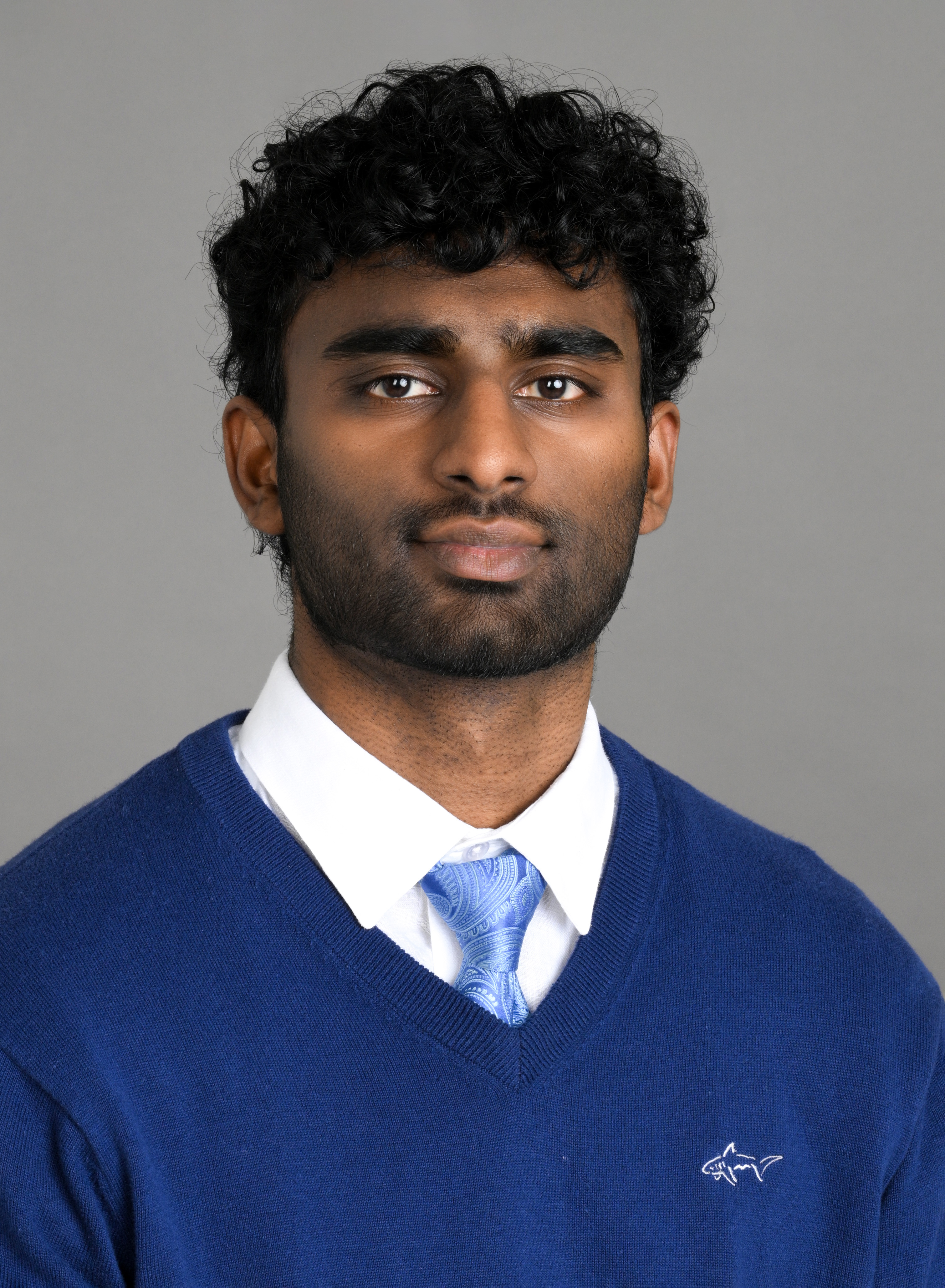 Headshot of a man wearing a white dress shirt, light blue tie and royal blue sweater in front of a gray backdrop.