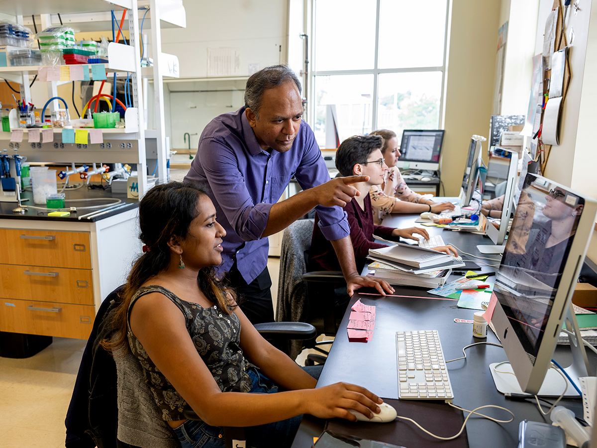 Antony Jose in his lab. He's talking to a group member while they are at a computer. In the background, other group members are working on computers as well. Credit: Lisa Helfert.