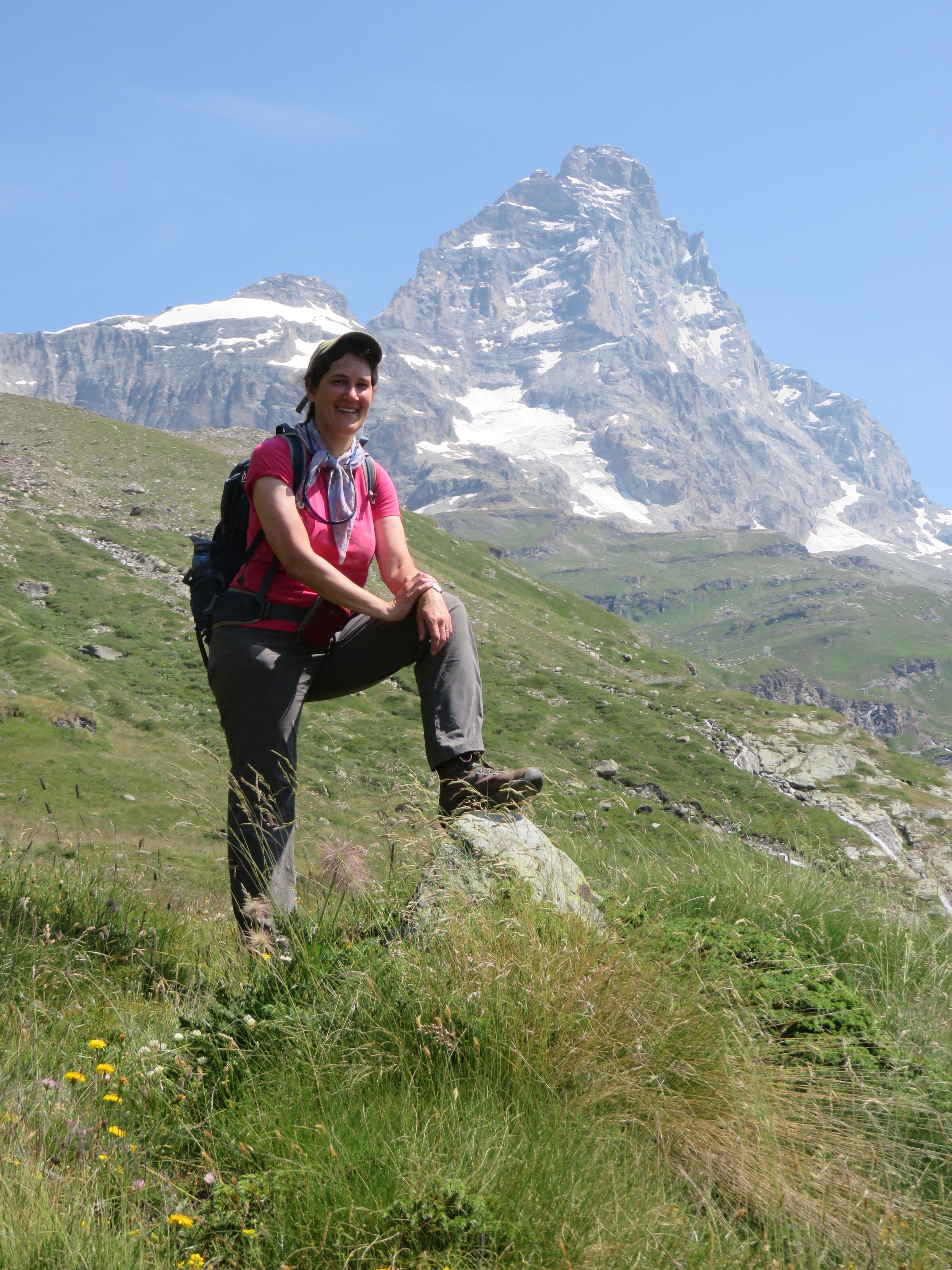 Sarah Penniston-Dorland on a field visit to the Western Alps standing in front of the Matterhorn