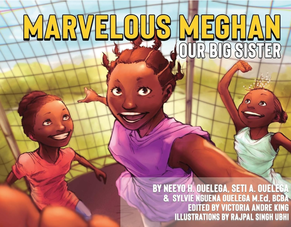 Cover art for a children's book titled "Marvelous Meghan: Our Big Sister," depicting three girls jumping on a trampoline.