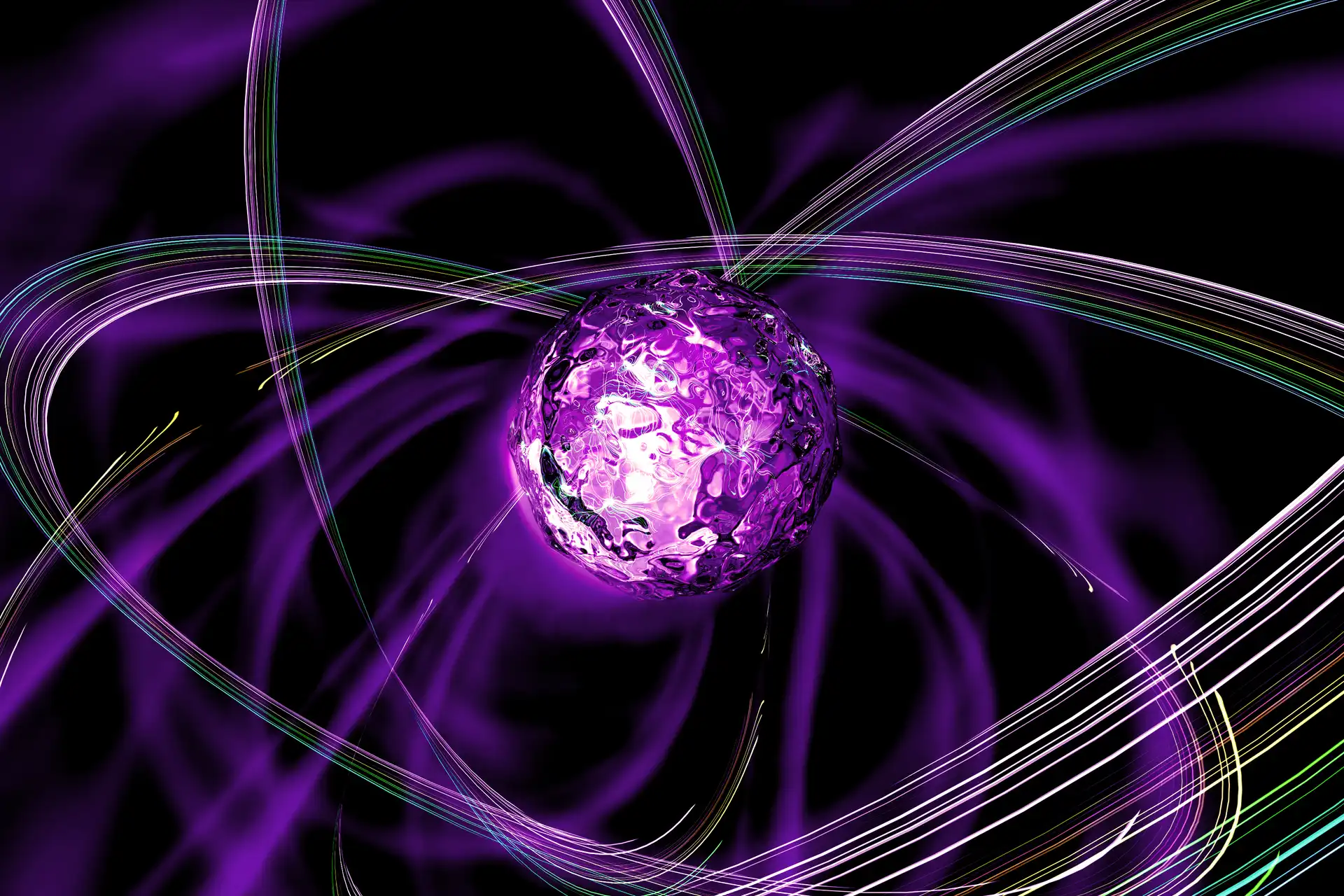 A purple ball has colorful strings of light looping around it at many different orientations
