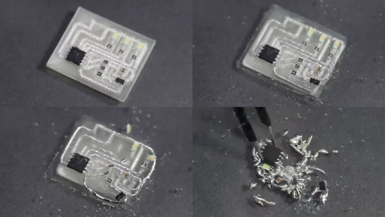 Time-lapse images show a magnetic field detector circuit that was manufactured using DissolvPCB materials as it slowly disperses into recyclable materials after being immersed in water.