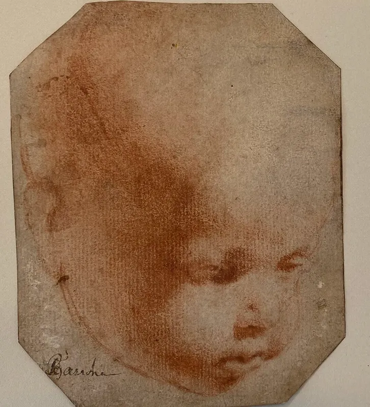 "Holy Child" red chalk sketch of a baby’s head
