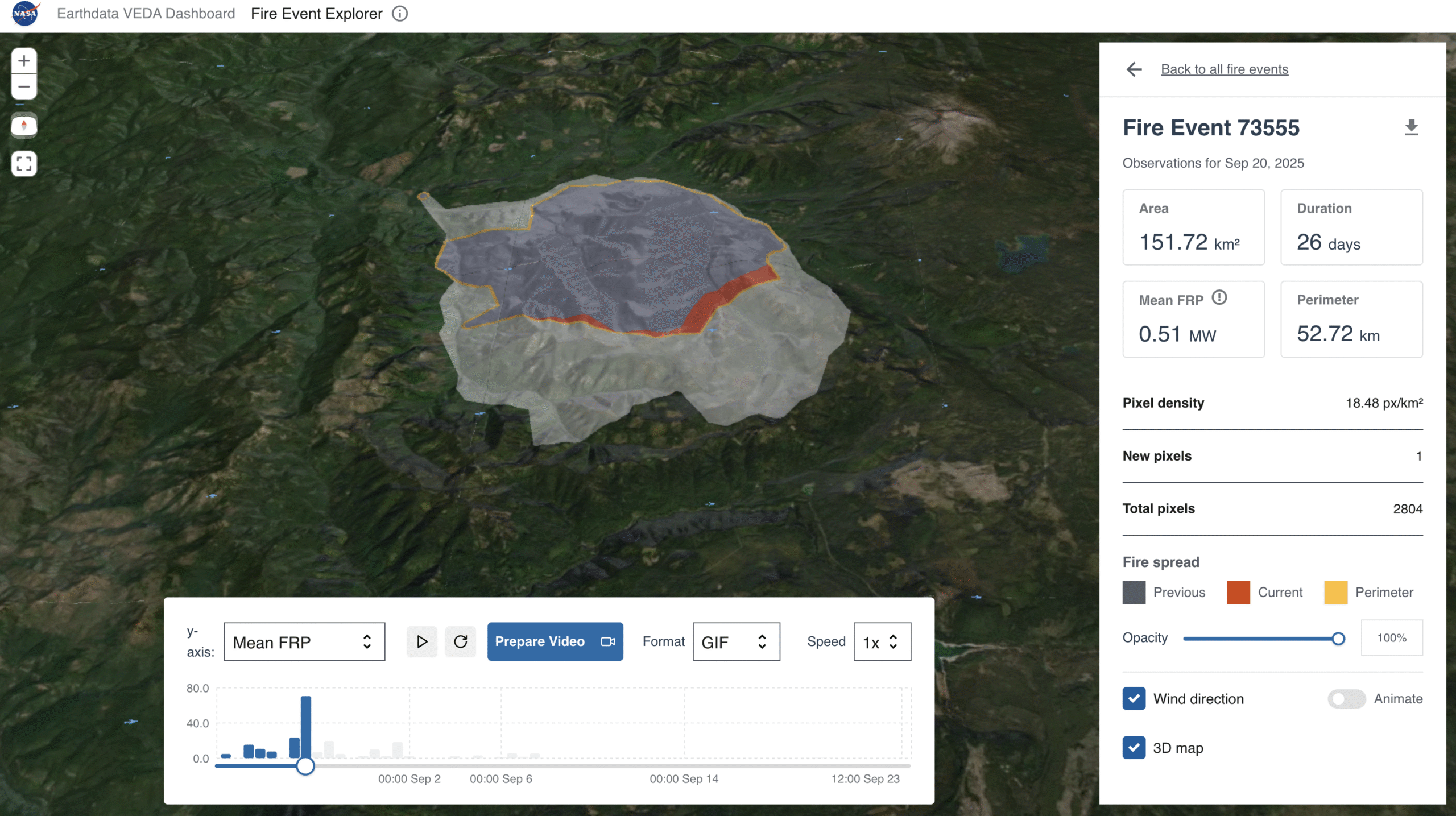 A screenshot of animation of a fire's progression over time