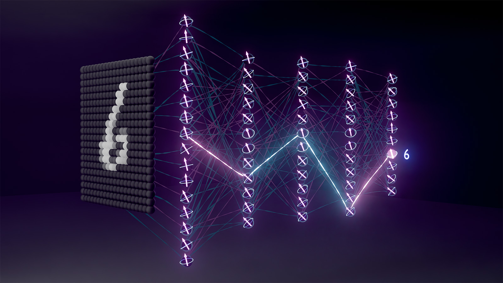 a schematic showing a quantum neural network recognizing a written digit