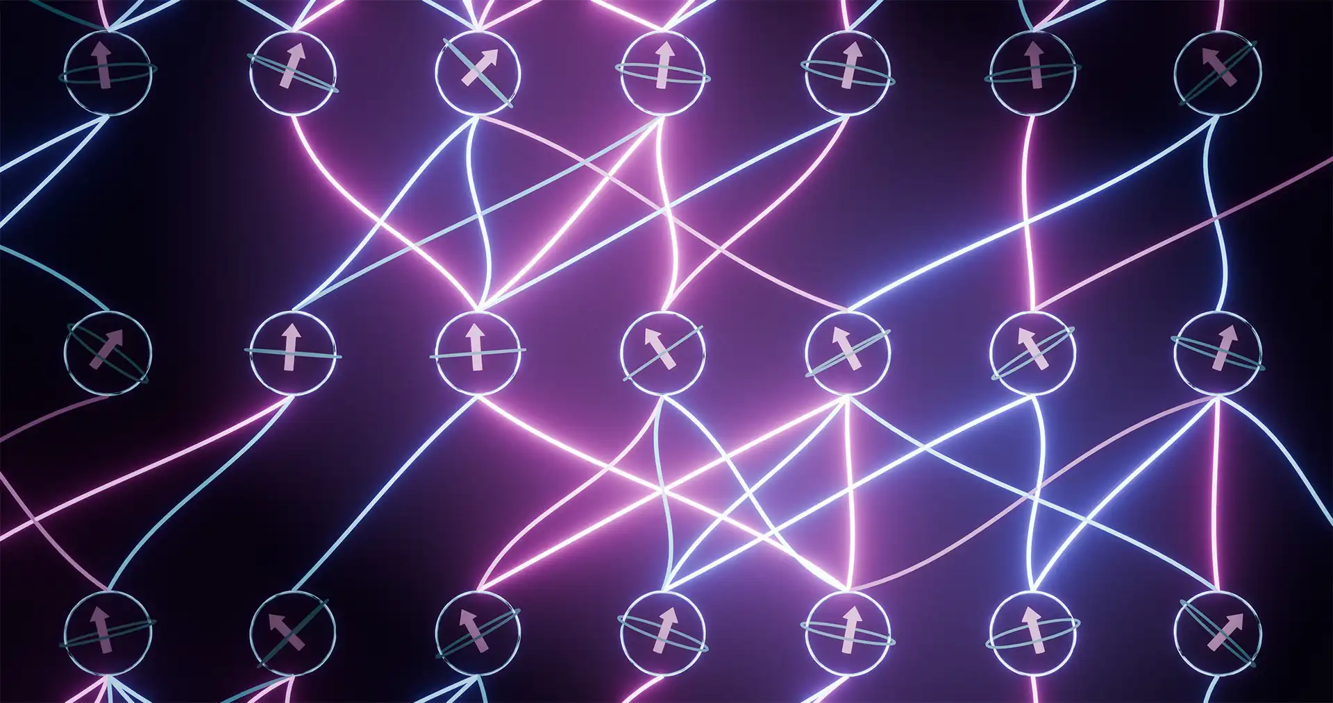 Neon pink and blue lines randomly connect spheres containing arrows. The spheres are organized in three horizontal rows and additional lines extend off the edges of the image.