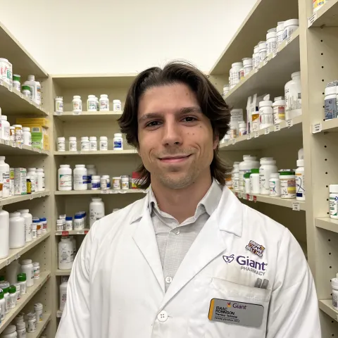 Man wearing a Giant-branded labcoat standing in a pharmacy