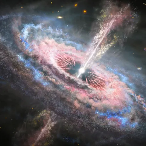 Artist's concept depicts a distant galaxy with an active quasar at its center