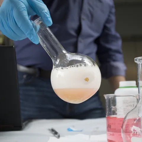Hand wearing a blue glove holds up a solution in a volumetric flask
