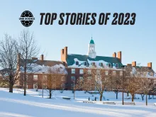 UMD Microbiology Building with "UMD Science Top Stories of 2023" text