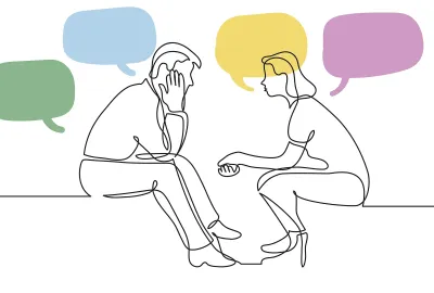 Stock image of two people talking with speech bubbles floating around them