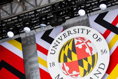 University of Maryland seal on commencement stage