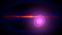 The entire sky in gamma rays with magenta circles illustrating the uncertainty in the direction from which more high-energy gamma rays than average seem to be arriving