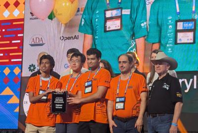 photo of University of Maryland students Sujay Konda, left, Kelin Zhu, second from left, and Danny Mittal, center, stand with Professor Mohammad Hajiaghayi, second from right, after receiving Highest Honors at the ICPC World Finals in Baku, Azerbaijan, on Wednesday, Sept. 4, 2025.