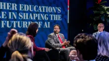 Luiza Savage of the Washington Post speaks with UMD President Darryll Pines and UMD Professor Hal Daumé III at The Washington Post Global AI Summit.