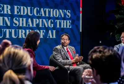 Luiza Savage of the Washington Post speaks with UMD President Darryll Pines and UMD Professor Hal Daumé III at The Washington Post Global AI Summit.