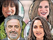 Illustrations of the faces of four Terp Science alumni.