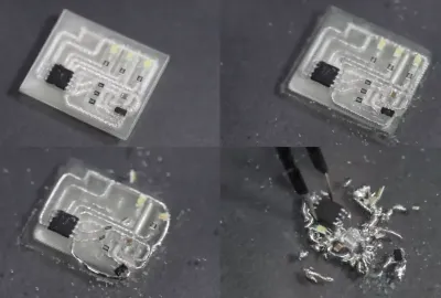 Time-lapse images show a magnetic field detector circuit that was manufactured using DissolvPCB materials as it slowly disperses into recyclable materials after being immersed in water.