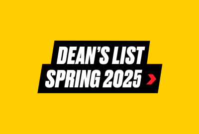 A UMD gold-coloed box with bold italic text on a black ribbon that says Dean's List Spring 2025