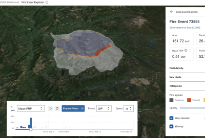 A screenshot of animation of a fire's progression over time