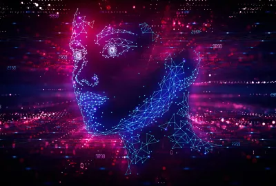 Women's head inside of a digital matrix