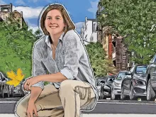 An illustration of Karin Burghardt, kneeling on one knee, with a city street in the background.