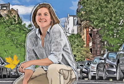 An illustration of Karin Burghardt, kneeling on one knee, with a city street in the background.