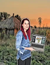 An illustration of Kimberly Slinski standing in front of a home in Africa, holding her laptop, which is displaying satellite information.