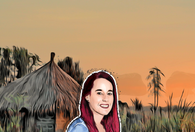 An illustration of Kimberly Slinski standing in front of a home in Africa, holding her laptop, which is displaying satellite information.