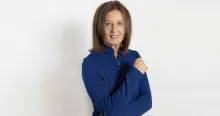 Krisztina Zsebo in a blue jacket