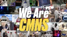 "We Are CMNS" text on top of a collage of science- and research-related images