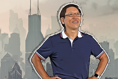 An Illustration of Zhanqing Li standing with his hands on his hips. A smoggy city is in the background.