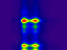 A UMD-led team of researchers has developed a method to trap trions at room temperature in single-walled carbon nanotubes.  In this photoluminescence spectroscopy image, trapped trions and excitons can be seen as bright red spots against the dark blue background emissions from the host nanotube. This new work makes it possible to manipulate quasiparticles such as trions and study their fundamental properties in ways that have never been possible before. Image credit: Hyejin Kwon (Click image to download hi-