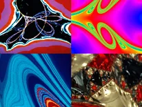 Researchers from the University of Maryland have proposed a new definition of chaos that applies to a wide variety of chaotic systems, including attractors, (top left, a “Tinkerbell” attractor), repellers, (right side, top and bottom, illustrating chaotic scattering), and forced systems (bottom left, motions of a damped pendulum). The bottom right picture shows the pattern of light created inside a pyramid of four reflective balls. Image credit: UMD Chaos Group (Click image to download hi-res version.)