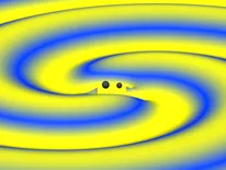 This image shows a numerical simulation of a binary black hole merger with masses and spins consistent with the third and most recent LIGO observation, named GW170104. The strength of the gravitational wave is indicated by elevation as well as color, with blue indicating weak fields and yellow indicating strong fields. The sizes of the black holes are doubled to improve visibility. Image Credit: Numerical-relativistic Simulation: S. Ossokine, A. Buonanno (Max Planck Institute for Gravitational Physics) 