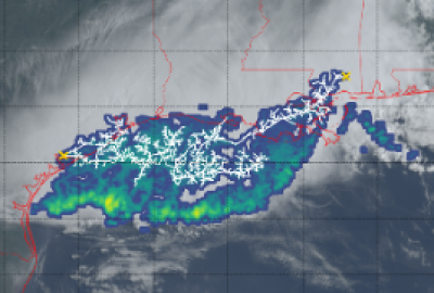 Satellite image of record extent of lightning flash over the southern United States on April 29, 2020