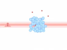 Researchers have engineered a cloud of atoms (blue circles) to create exotic interactions that selectively whittle down a beam of light made of bunches of one, two or three photons (red circles). In the animation above, the ideal case is presented: All groups of three photons interact with each other and are knocked out of the beam, while the smaller bunches pass through unaffected. (Credit: Chris Cesare/JQI)